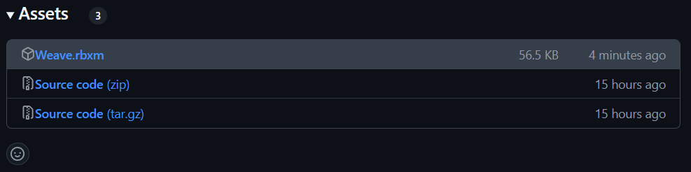 The Assets dropdown opened to reveal downloads, with Weave.rbxm highlighted.